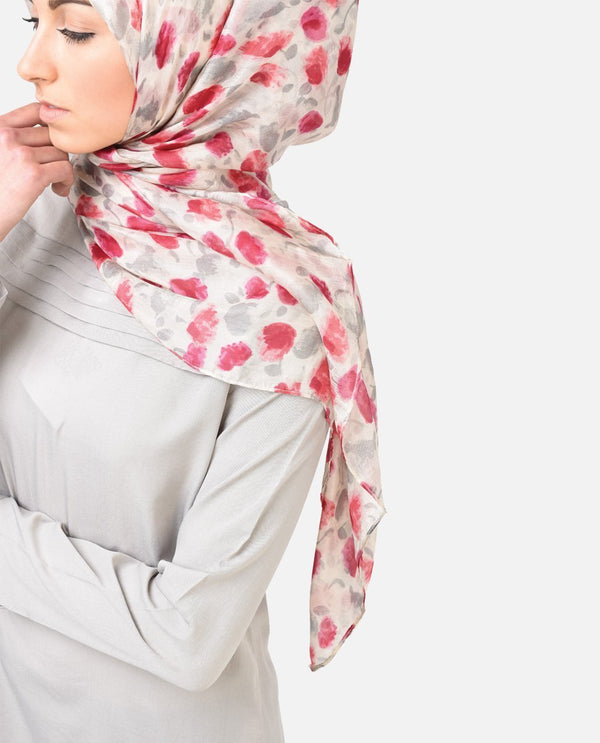 Floral Pink Beige Silk Chiffon Hijab-HIJABS-VersaStyle-Regular 27"x70"-MeHijabi.com