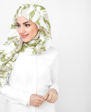 Olive and White Printed Viscose Hijab-HIJABS-Route 01-Regular 27"x70"-MeHijabi.com