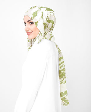 Olive and White Printed Viscose Hijab-HIJABS-Route 01-Regular 27"x70"-MeHijabi.com
